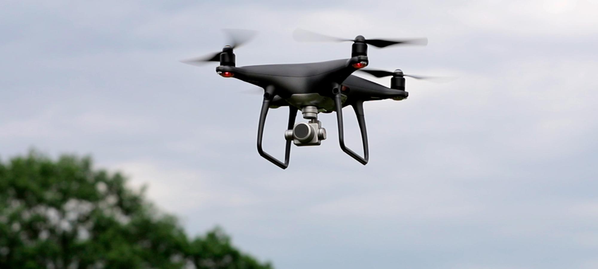 Drohne im Flug über Bäumen bei bewölktem Himmel